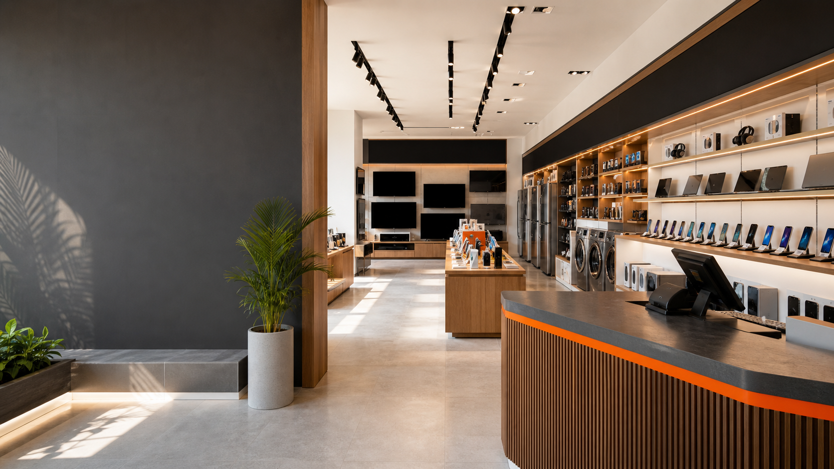 Phones, TVs, and appliances on display inside a myG showroom